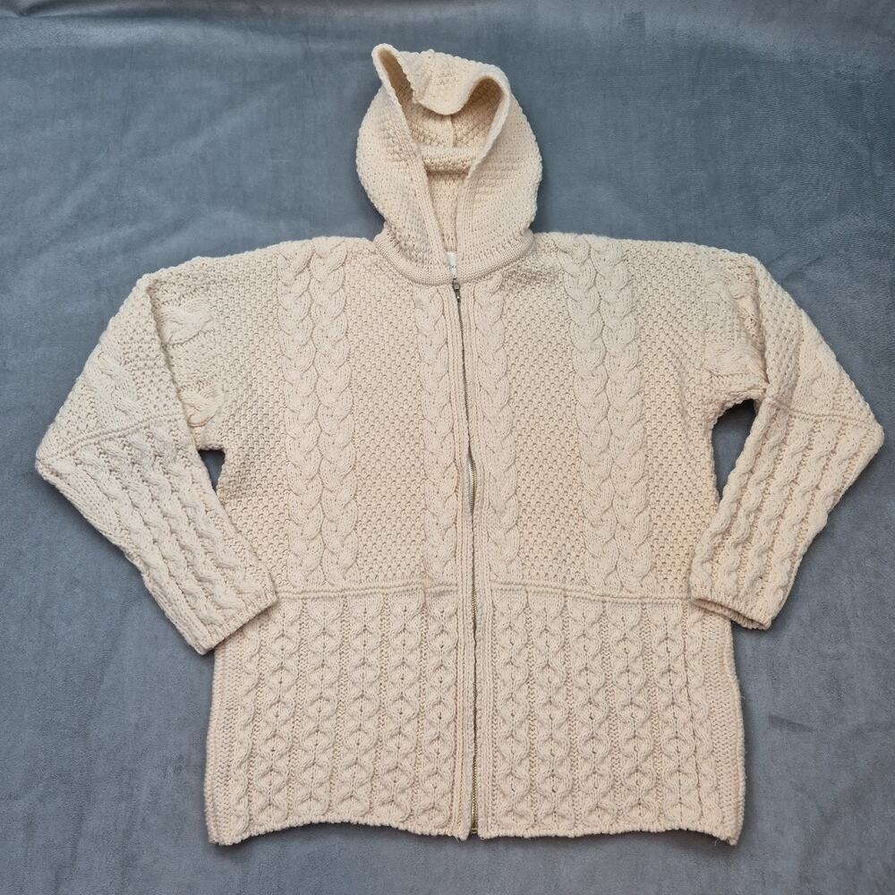 Cable Knit Full Zip Hooded Cardigan Emerald Design Wool Heavy Womens L